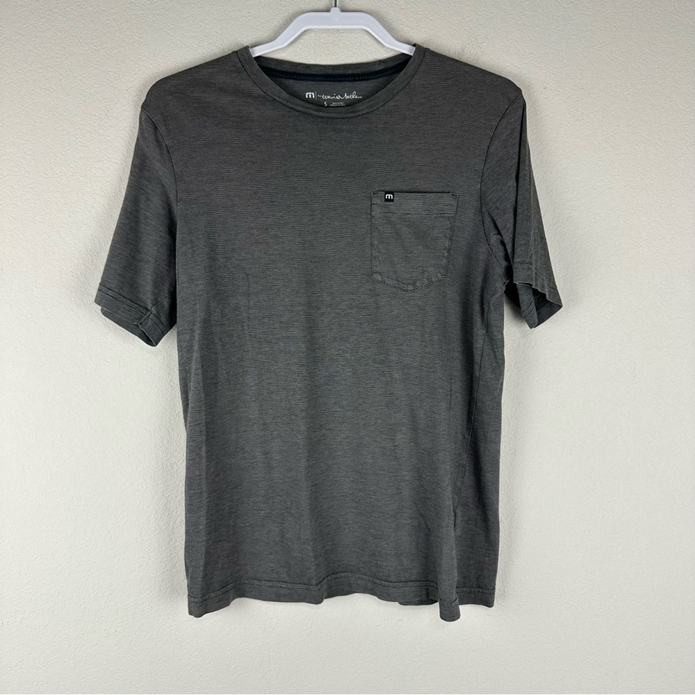 Travis Mathew Gray Black Micro Stripe Short Sleeve Pocket Tee Shirt Size Small